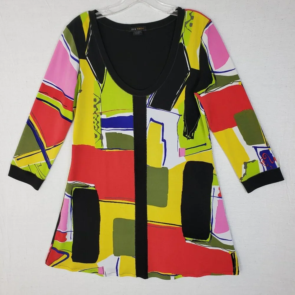 Eva Varro Tunic Top Abstract Print Colorful Art-to-Wear Slinky Lagenlook size M
